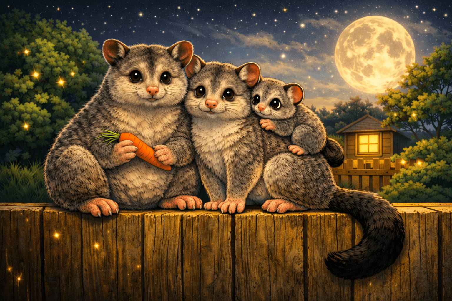 Possum family on the fence